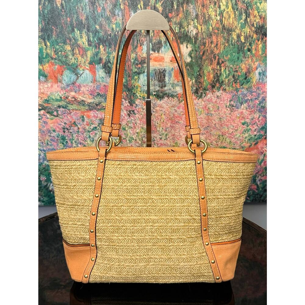 GUC Coach F21959 Alexandra Python Straw Tote in Natural/Coral - Picture 2 of 12